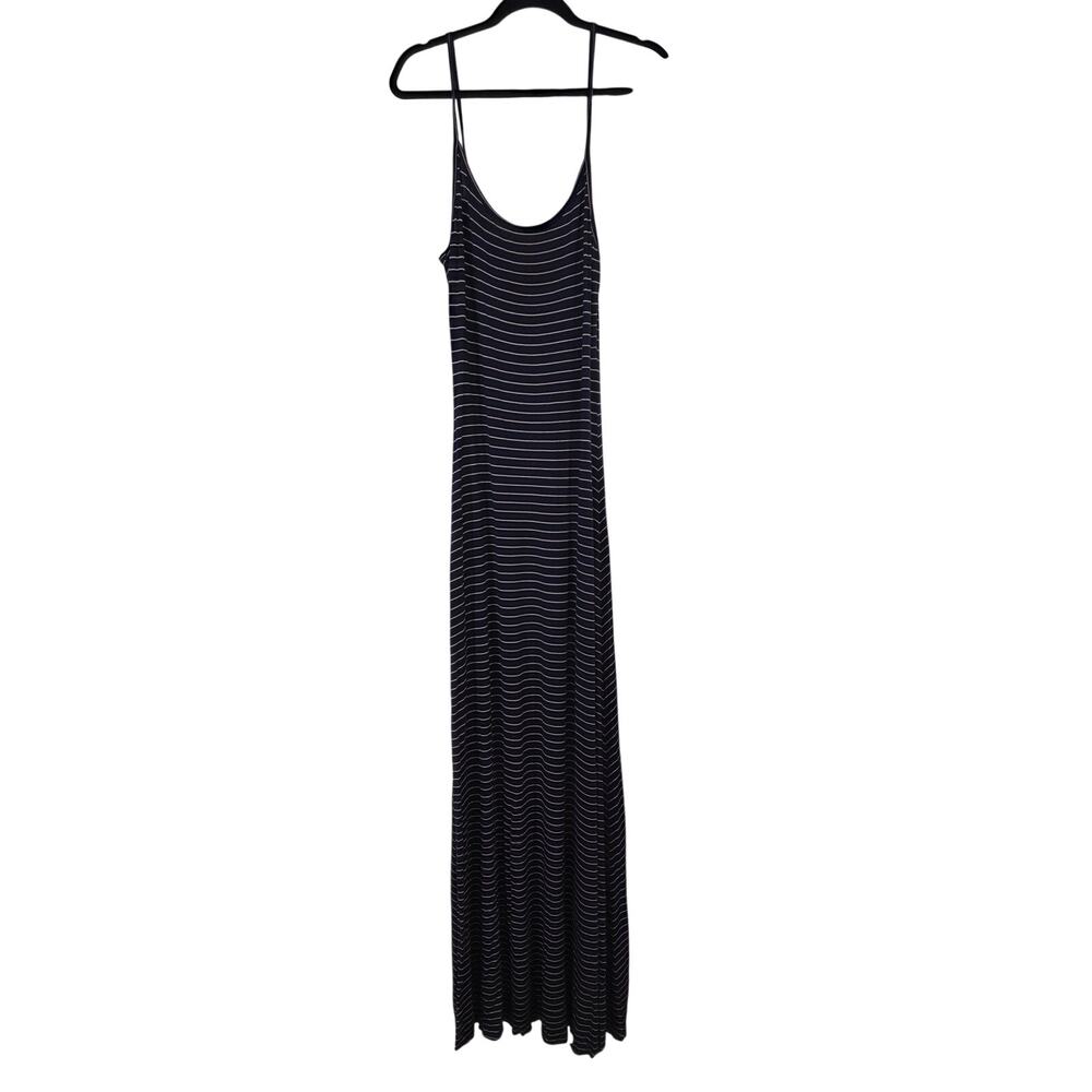 Bella Luxe Navy Blue Striped Maxi Dress Spaghetti Strap Raw Hem Small